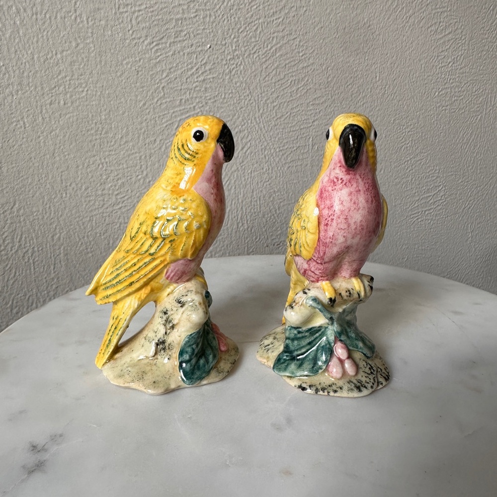 Yellow and Pink Ceramic Parrot Figurines